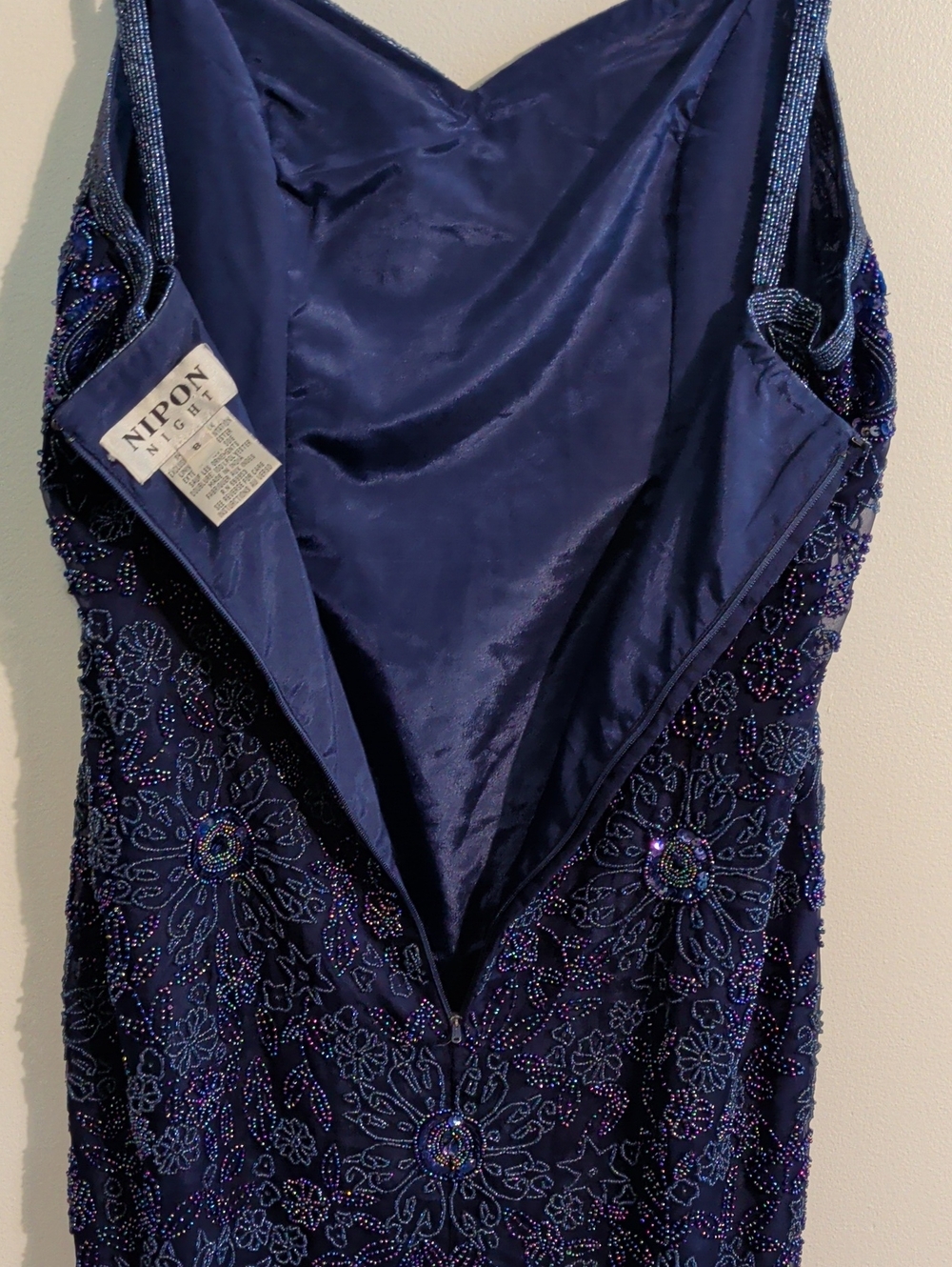 VINTAGE silk beaded navy cocktail dress - size 8 - Picture 15 of 16